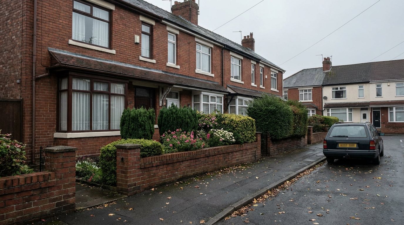 A quiet Victorian brick terraced house on a residential street on an overcast day