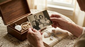 Hands holding an old family photograph over a box of keepsakes