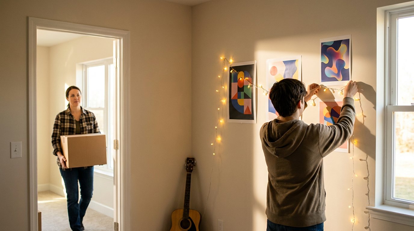 Teenager setting up a guitar and lights in a new bedroom
